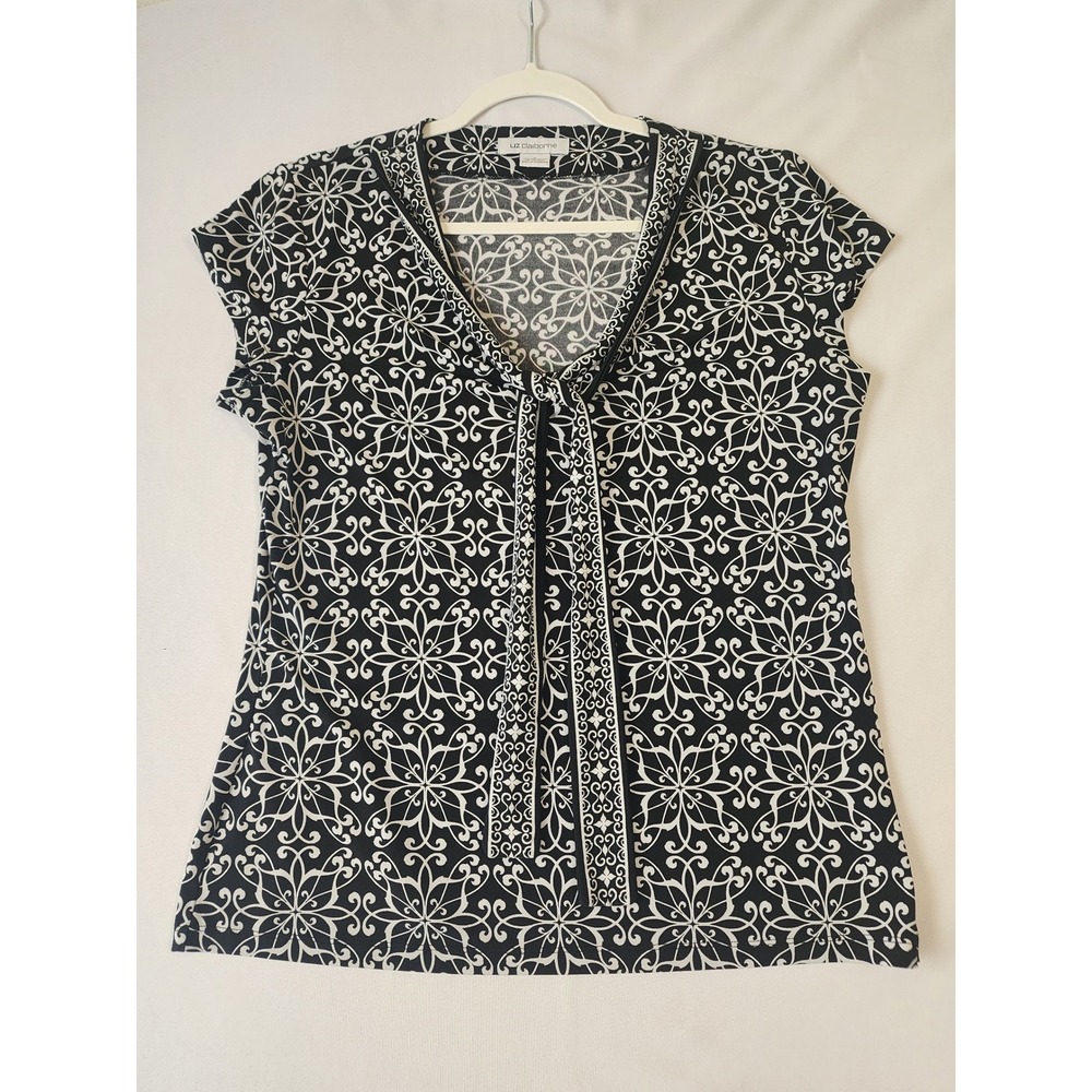 Liz Claiborne Black White Medallion Print Tie Neck Cap Sleeve Blouse Large